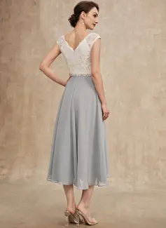 A-Line V-neck Tea-Length Chiffon Lace Mother of the Bride Dress With Beading 