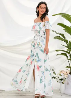 Splittet Front Bare skuldre Ermeløs Ferie A-line kjole Chiffong Midi Ankel-lengde Motekjoler 