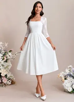 A-line Square Tea-Length Lace Stretch Crepe Wedding Dress 