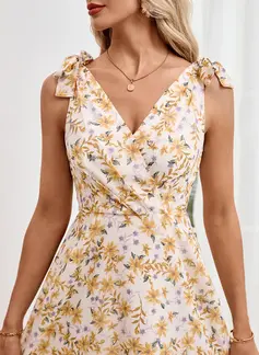 Bow Floral Print V-Neck Sleeveless A-line Chiffon Midi Dress 