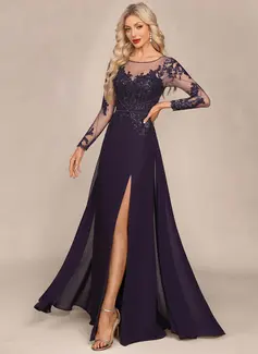 Sheath/Column Illusion Scoop Floor-Length Chiffon Tulle Evening Dress With Beading Overskirt Sequins 