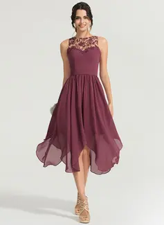 A-line Scoop Asymmetrical Chiffon Lace Cocktail Dress 