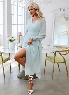 V-hals Lange ermer Elegant A-line kjole Chiffong Midi Motekjoler 