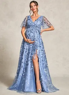 A-line V-Neck Floor-Length Sequin Lace Maternity Dresses 