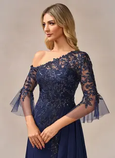 A-line One Shoulder Floor-Length Chiffon Lace Evening Dress With Sequins 