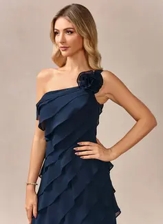 A-line One Shoulder Floor-Length Chiffon Evening Dress With Cascading Ruffles Flower 