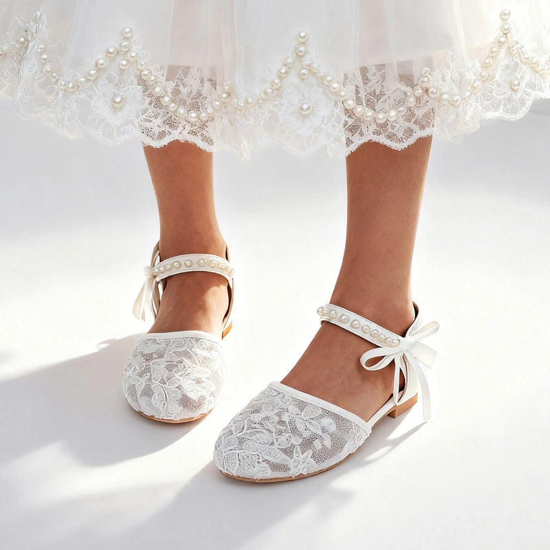 Girl's Flower Girl Shoes Wedding Bowknot Pearl Lace Faux Leather Round Toe Flat Heel Shoes 