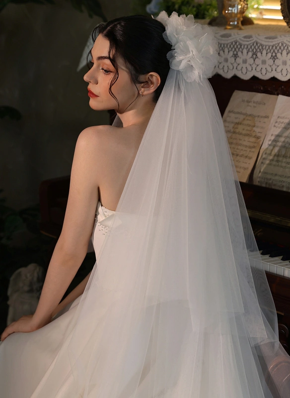 Simple Cut Edge Two Tier Bridal Cathedral Length 118" Wedding Veils With Blusher 