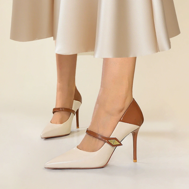 Women's Heels Work Daily Vintage Faux Leather High Heel Point Toe Color Block Buckle Shoes 
