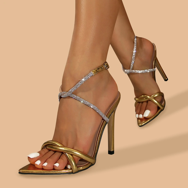 Women's Sandals Cocktail Party Sexy PU Leather Bridesmaid Shoes Sandals High Heel Open Toe Rhinestone Summer Buckle Shoes 