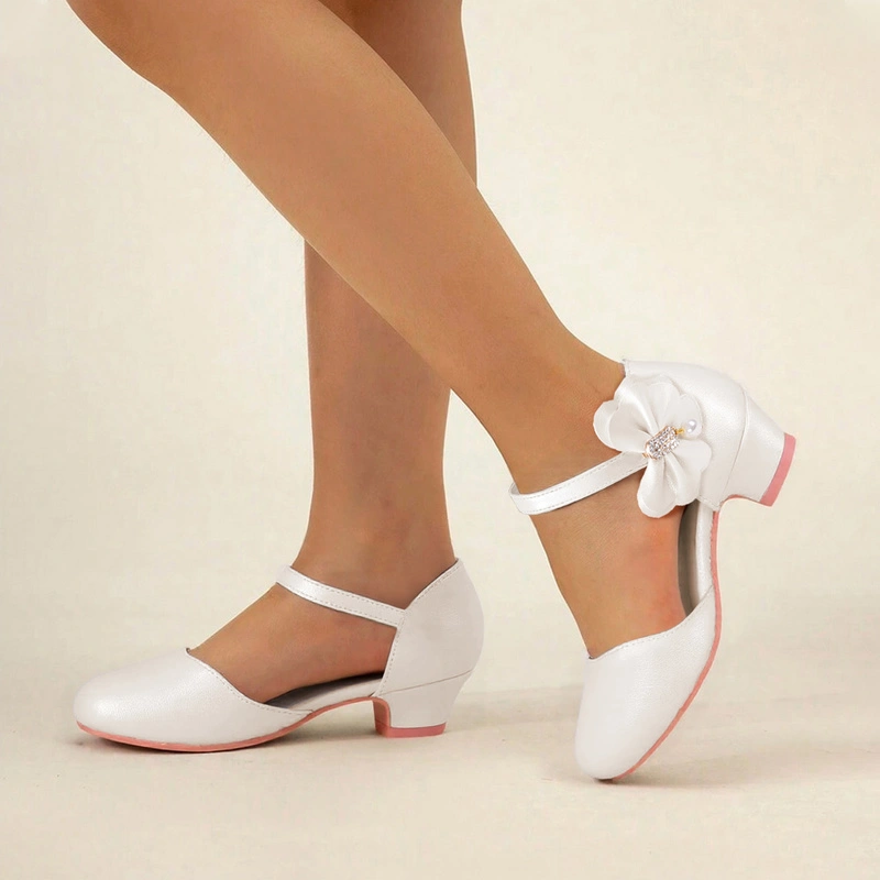 Girl's Flower Girl Shoes Wedding Party Bowknot Pearl Rhinestone Faux Leather Round Toe Low Heel Shoes 