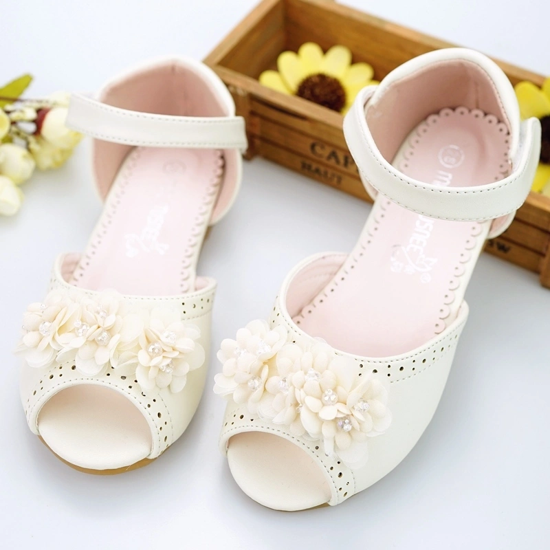 Sandaler Blomsterpike Sko med Profilering Blomst Velcro Jentas Flat Hæl Titte Tå Jentesko 