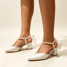 Kvinder Bryllupssko Satin Stor Hæl Punkt tå Brudesko Elegant Pearl Bryllup sko