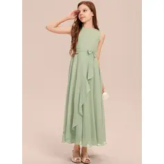 A-line kjole Scoop Ankel-lengde Chiffon Brudepikekjole ungdom med Sløyfe (009285735)