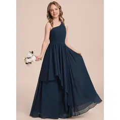 A-line kjole En skuldret Gulvlengde Chiffon Brudepikekjole ungdom med Plissert