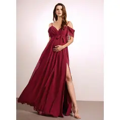 A-Linien-Kleid Schulterfrei Bodenlang Chiffon Umstandskleider mit Schleife Plissee (045262564)
