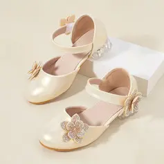 Girl's Flower Girl Shoes Wedding Party Flower Rhinestone Faux Leather Round Toe Low Heel Shoes 