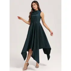 A-Linien-Kleid Stehkragen Vokuhila Matte Satin Brautjungfernkleid (007417356)