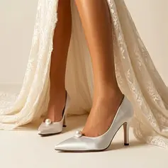 Mulher sapatos de casamento cetim salto alto biqueira pontiaguda bombas sexy pérolas casamento sapatos