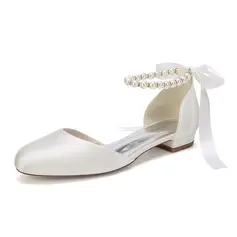 Женский Свадебная обувь Satin Плоский каблук Закрытый носок Свадебные квартиры Свадебная обувь жемчужный просто свадьба обувь 