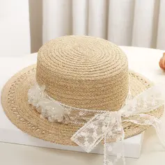 Mulher borda plana verão laço ráfia de palha festa do chá boater