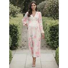 A-line V-Neck Tea-Length Maternity Dresses With Floral Print (329425583)