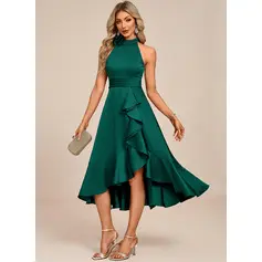 High Neck 3D Floral Acetate Satin Midi Dress