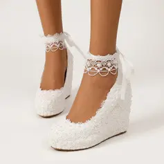 Femmes chaussures de mariage dentelle talon compensé bout rond escarpins de mariée élégante mariage chaussures
