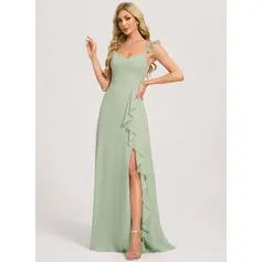 A-line V-Neck Floor-Length Chiffon Bridesmaid Dress With Ruffle (007428754)
