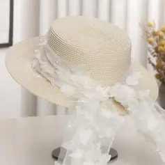 Mulher borda plana verão laço canudo de papel festa do chá chapéus de sol