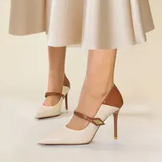 Talons femmes travail tous les jours ancien faux cuir talon haut bout pointu bloc de couleur boucle chaussures 