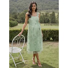 A-line Square Tea-Length Maternity Dresses With Bow (329425591)