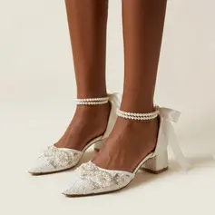 Mulher sapatos de casamento renda salto grosso biqueira pontiaguda sapatos de salto de noiva elegante pérolas casamento sapatos