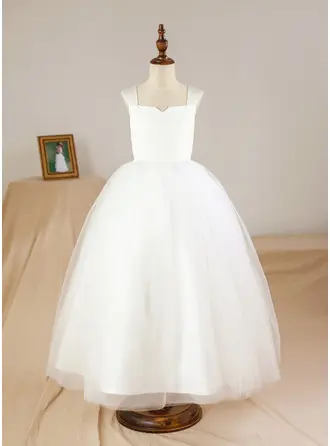 Ball Gown Ankle-length Flower Girl Dress - Satin/Tulle Sleeveless Square Neckline 