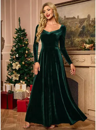V-Neck Long Sleeve A-line Velvet Maxi Dress 