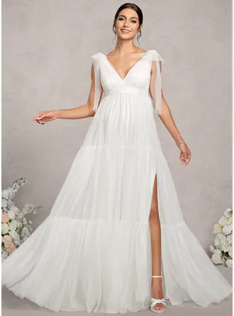 Kjole med A-linje V-hals Gulvlængde Tyl Graviditetskjoler med Sløjfe 