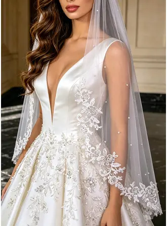 Pérolas borda cortada uma camada casamento véu ponta dos dedos 100 cm véus de noiva