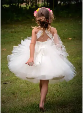 Ball-Gown/Princess Knee-length Flower Girl Dress - Tulle Sleeveless Straps 
