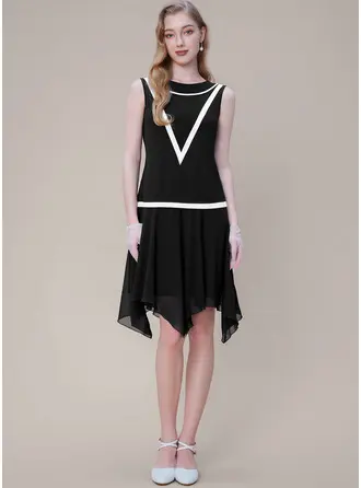 Schwarz und weiß Rundhals Ärmellos A-Linien-Kleid Chiffon-Mesh Midi Kleid 