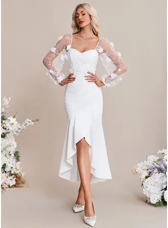 Embroidered Sweetheart Long Sleeve Trumpet/Mermaid Stretch Crepe Asymmetrical Midi Dress 