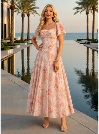 Decote degagê estampa floral chiffon midi vestido