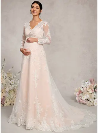 Kjole med A-linje V-hals Court-slæb Blonder Tyl Graviditetskjoler med Perlebesat 