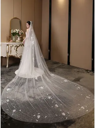 Perlen Blumen Schnittkante Einstufig Hochzeit Kathedralenschleier 330 cm Brautschleier 