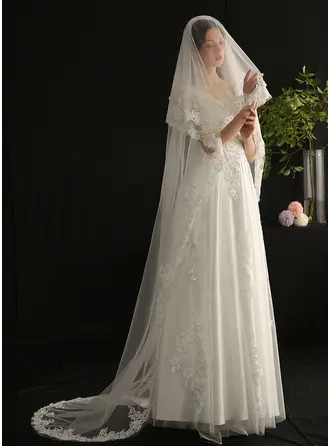 Spitze Schnittkante Zweistufig Hochzeit Kapellenschleier 230 cm Brautschleier Mit Gesichtsteil 