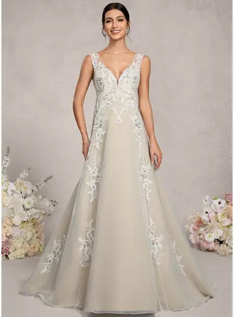 Kjole med A-linje V-hals Court-slæb Tyl Blonder Graviditetskjoler med pailletter 