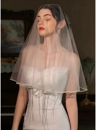 Pearl Rhinestones Cut Edge Single Tier Bridal Fingertip Length 47" Wedding Veils 