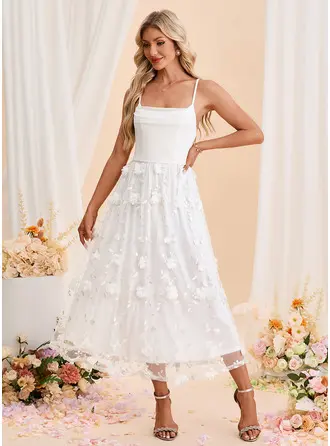 Stickerei Wasserfall Spaghettiträger A-Linien-Kleid Elasthan Tüll Midi Kleid 