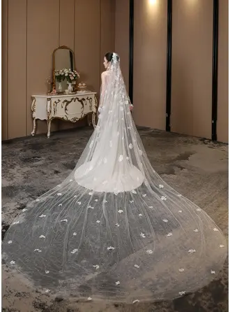 Perlen Blumen Schnittkante Einstufig Hochzeit Kathedralenschleier 330 cm Brautschleier 