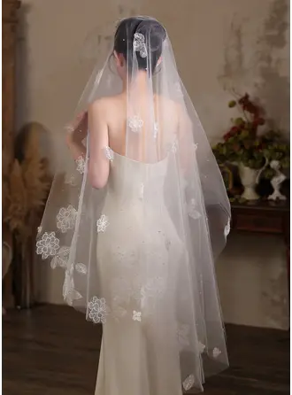 Perlen Blumen Schnittkante Einstufig Hochzeit Kapellenschleier 200 cm Brautschleier 