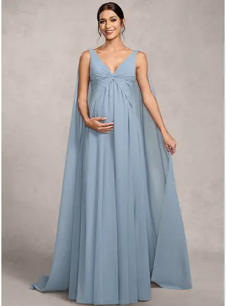 Kjole med A-linje V-hals Gulvlængde Chiffon Graviditetskjoler med Plisseret 